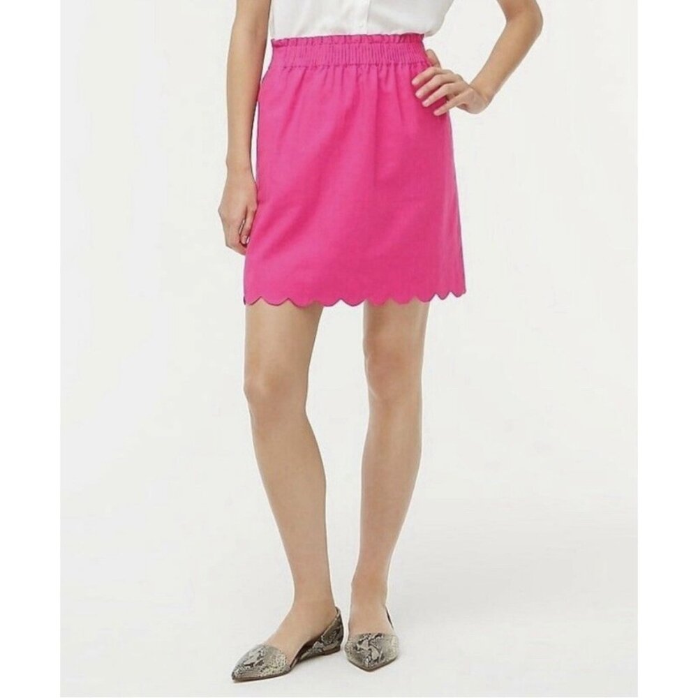 J. Crew Women’s Linen Mini Skirt Hot Pink Size 16 Scalloped Hem Elastic Waist - Picture 1 of 9